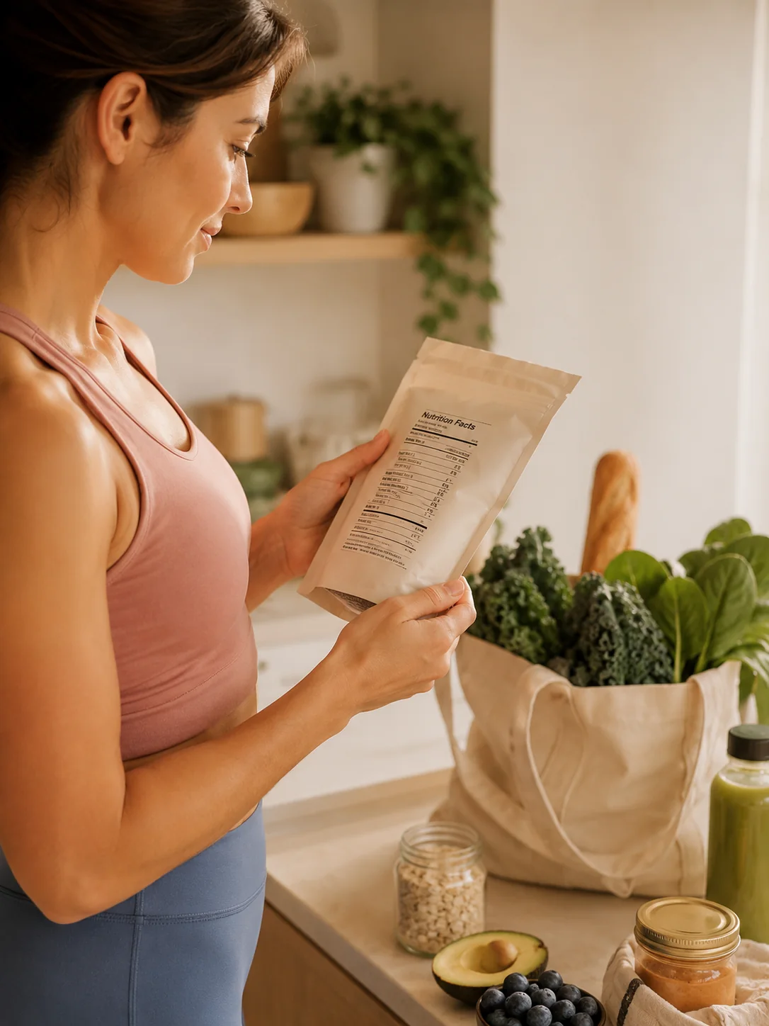 Food label reading scene with nutrition facts in a grocery kitchen setting