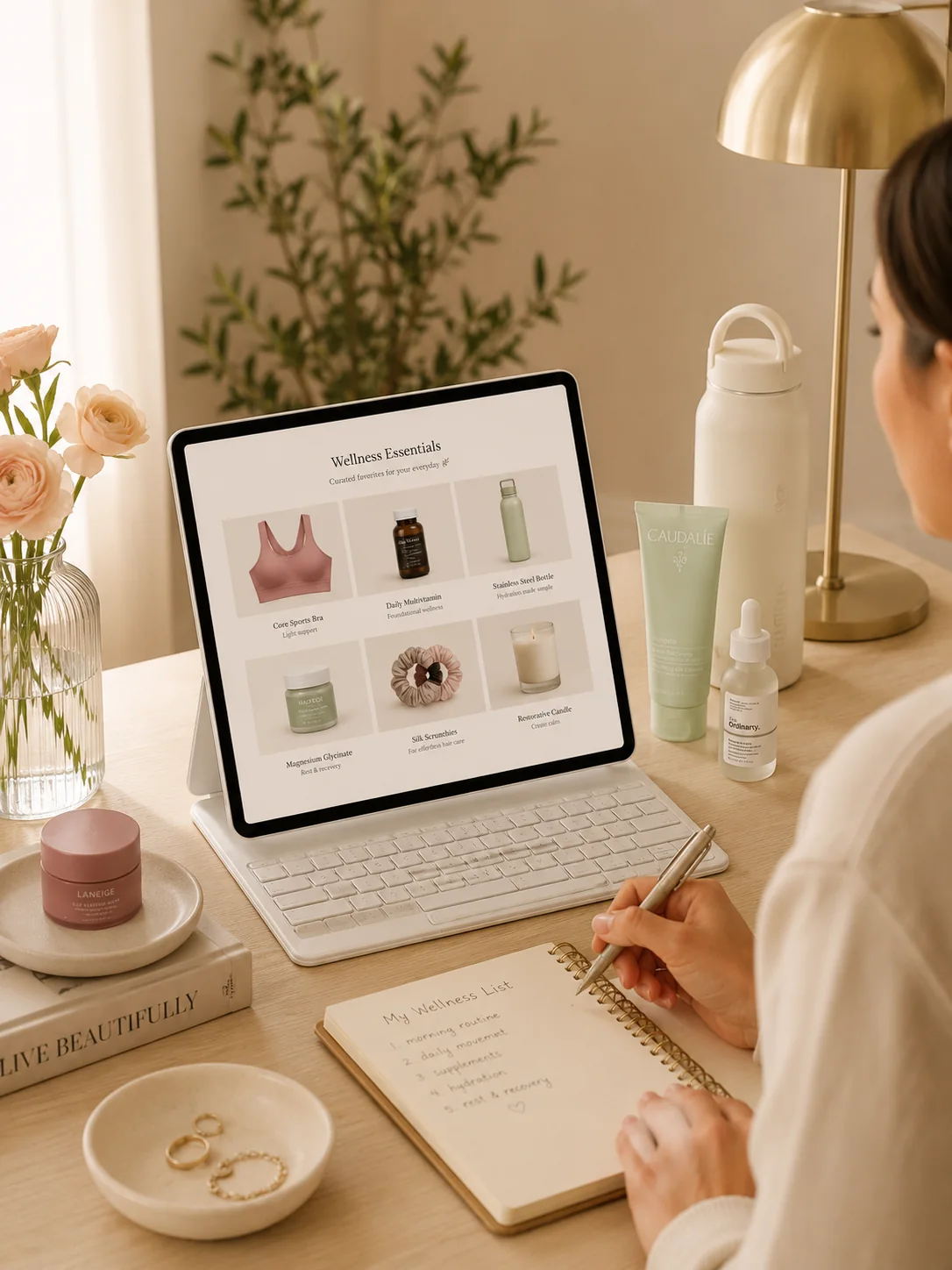 Curated shopping resource desk with tablet, wellness, and beauty items