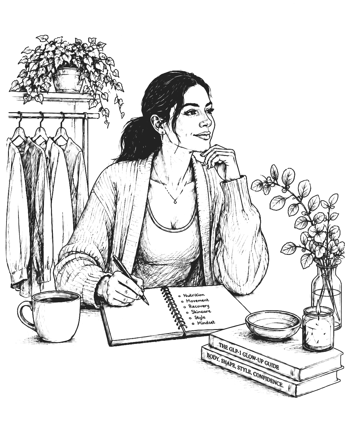 Transparent pencil illustration of a woman planning her GLP-1 Glow-Up routines at a desk