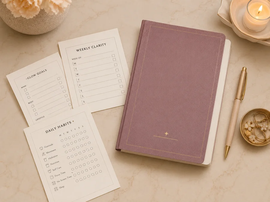 Glow up toolkit notebook, worksheets, candle, and gold pen