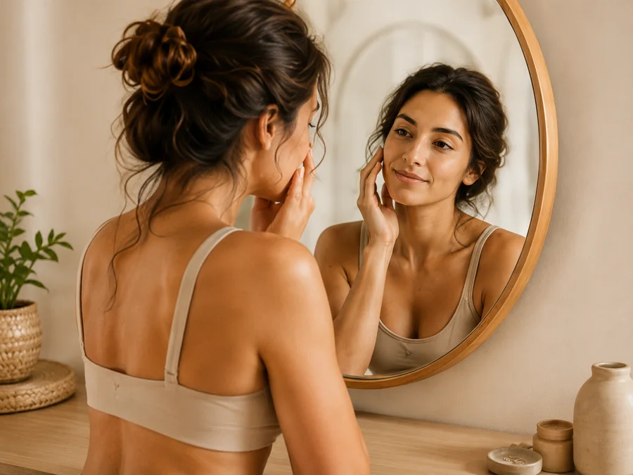 Woman looking in a mirror during body transformation
