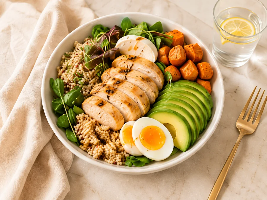 Protein bowl, lemon water, and meal planning notebook