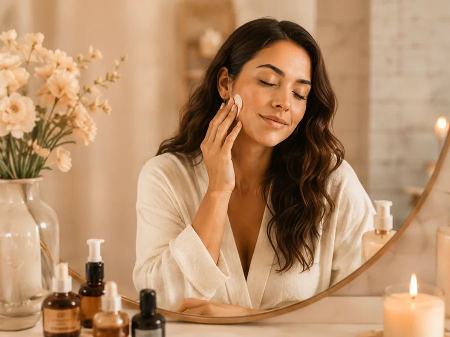 Woman applying skincare in a mirror with flowers, bottles, and candle nearby