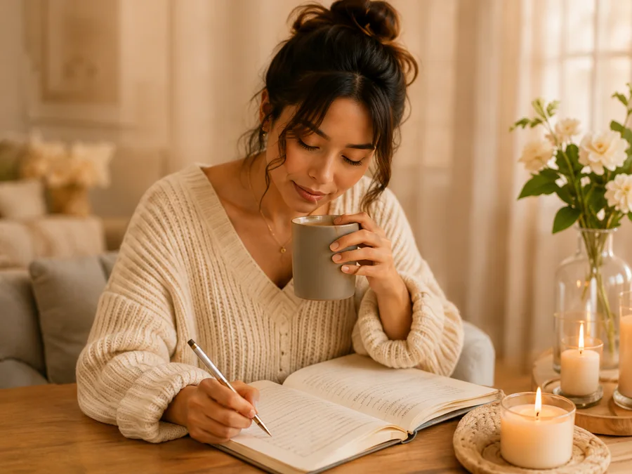 Woman journaling with coffee, candles, and flowers in a warm room