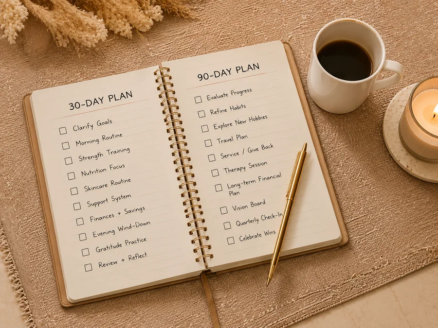 Open 30 day and 90 day planning notebook with gold pen, coffee, and candle