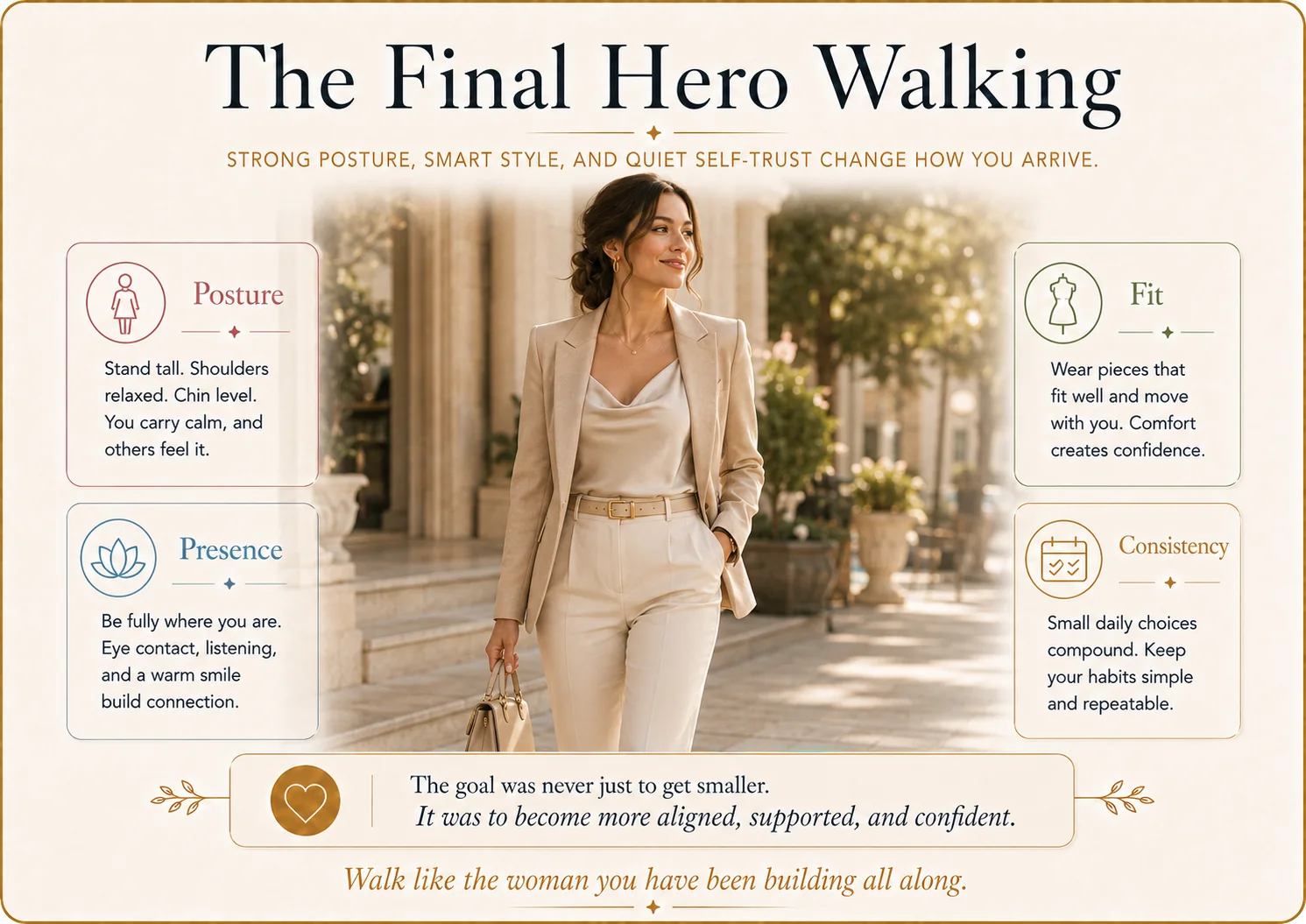 Woman walking confidently in a smart suit from The GLP-1 Glow-Up Guide
