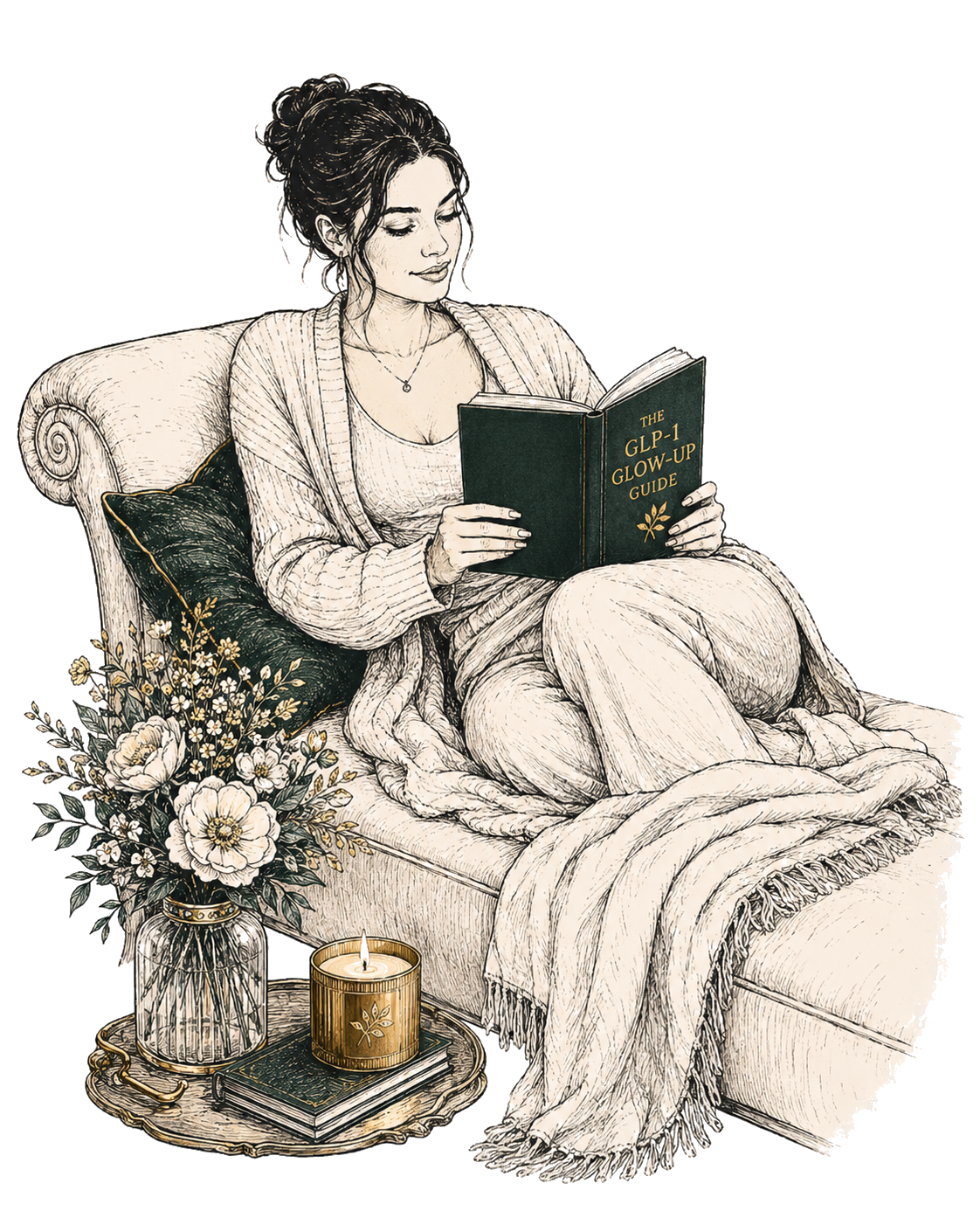 Woman reading The GLP 1 Glow Up Guide in a cozy chair