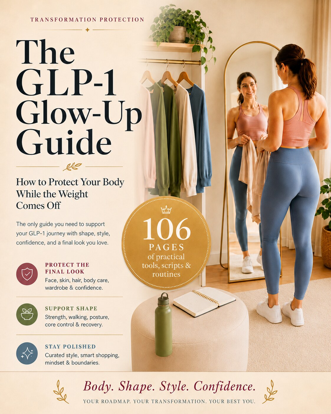The GLP-1 Glow-Up Guide cover showing body, shape, style, and confidence transformation support
