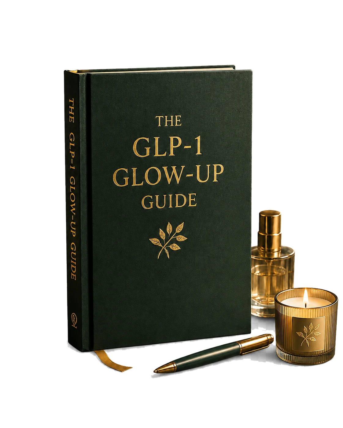 Premium GLP 1 Glow Up Guide book with gold accents, candle, and pen