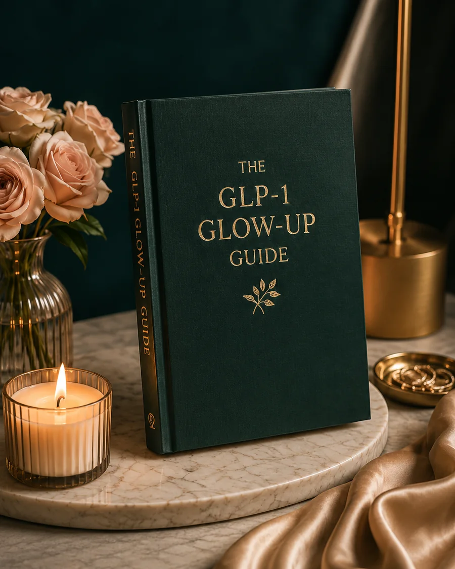 Premium GLP-1 Glow-Up Guide book on a marble tray with roses, candle, gold accents, and soft fabric